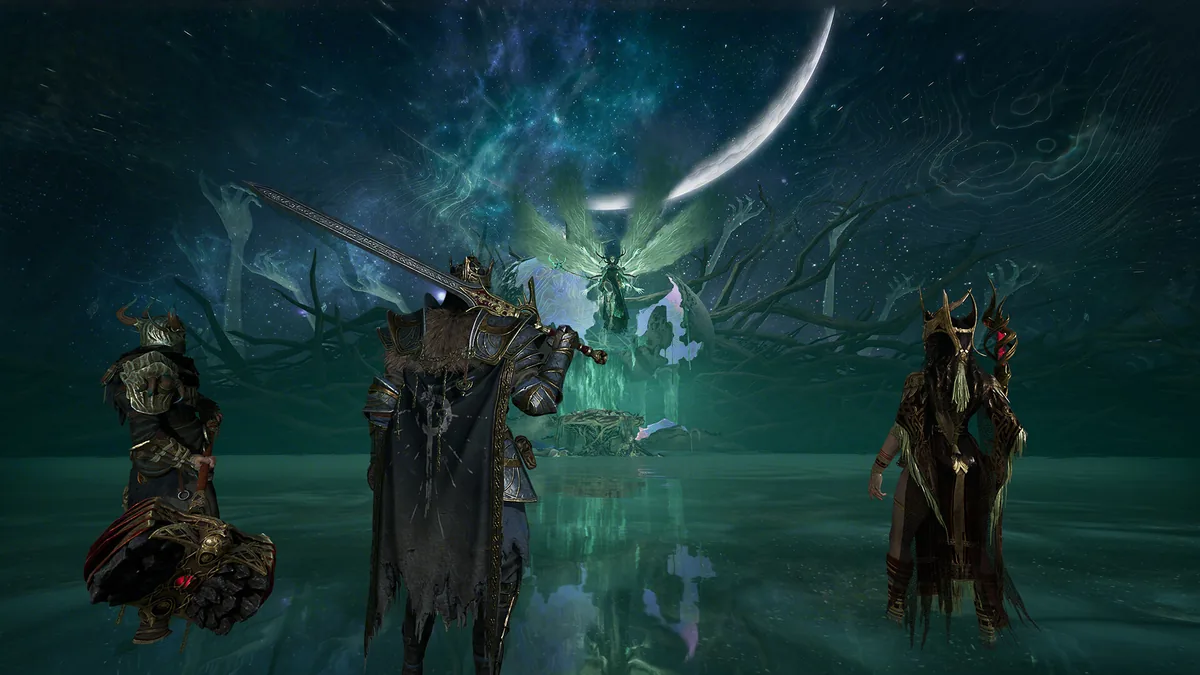 Screenshot ufficiale Steam di Mistfall Hunter con un gruppo davanti a una figura ostile luminosa in un’arena buia