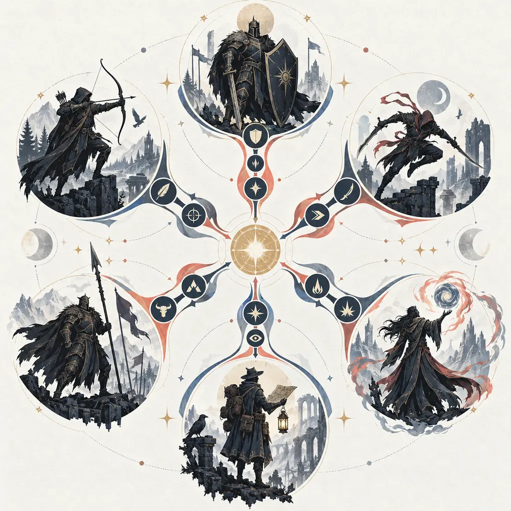 Editorial diagram comparing six Mistfall Hunter class build paths for different run formats