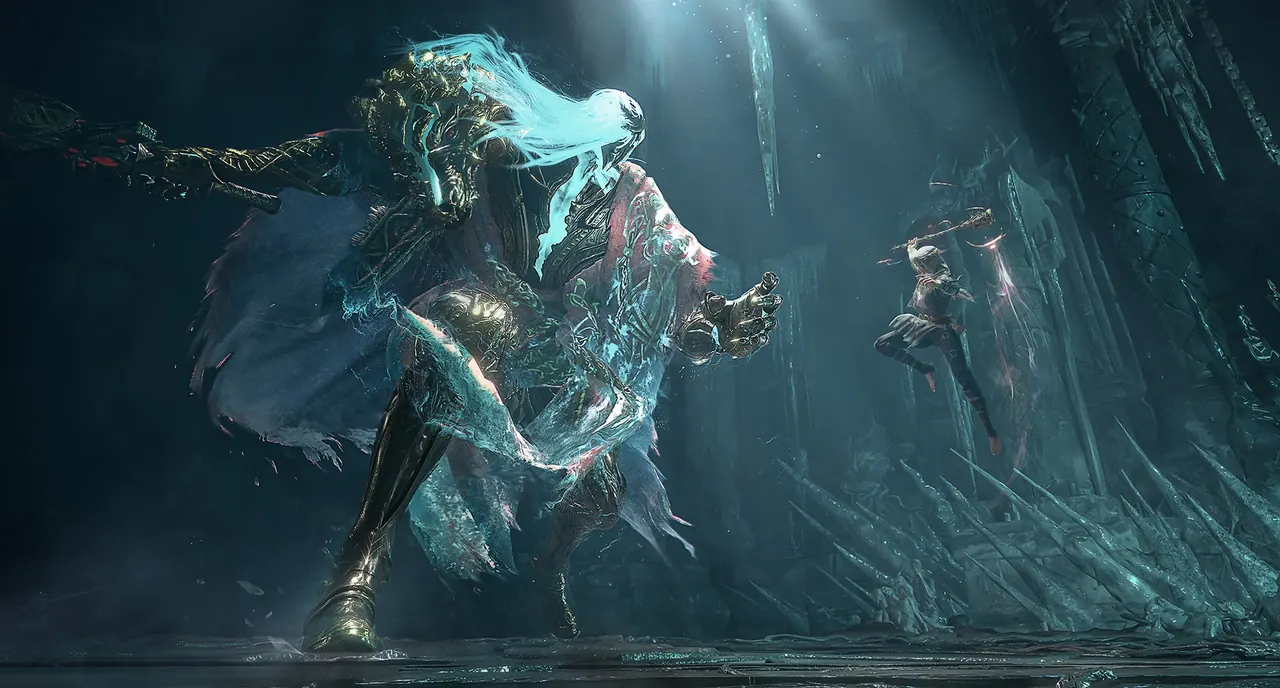 Official Mistfall Hunter combat artwork showing a class character using weapons and magic in a dark ruin