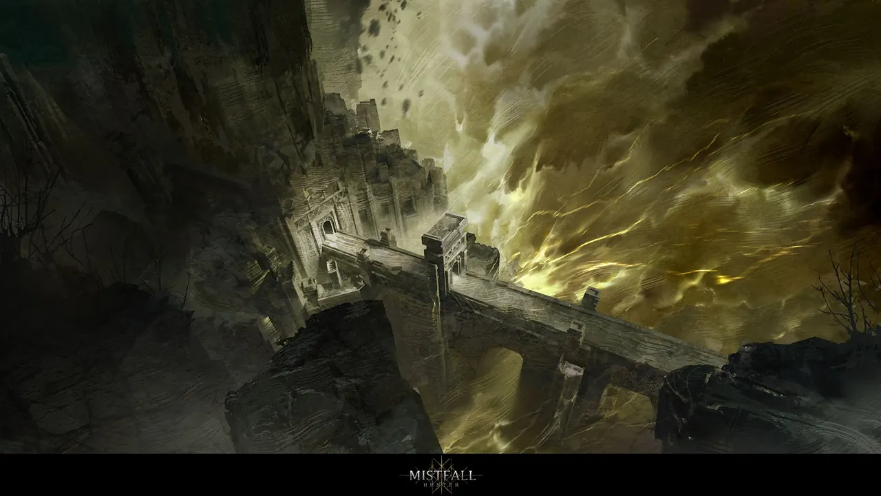 Official Mistfall Hunter image showing three armored characters around a chest in a dark ruin