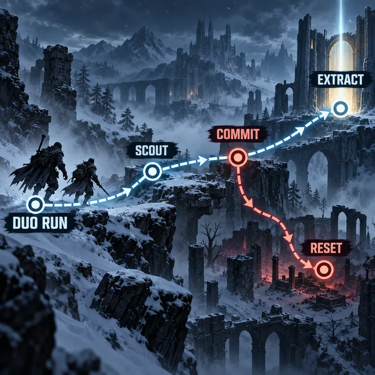Editorial Mistfall Hunter duo run diagram showing scout, commit, reset, and extract decisions