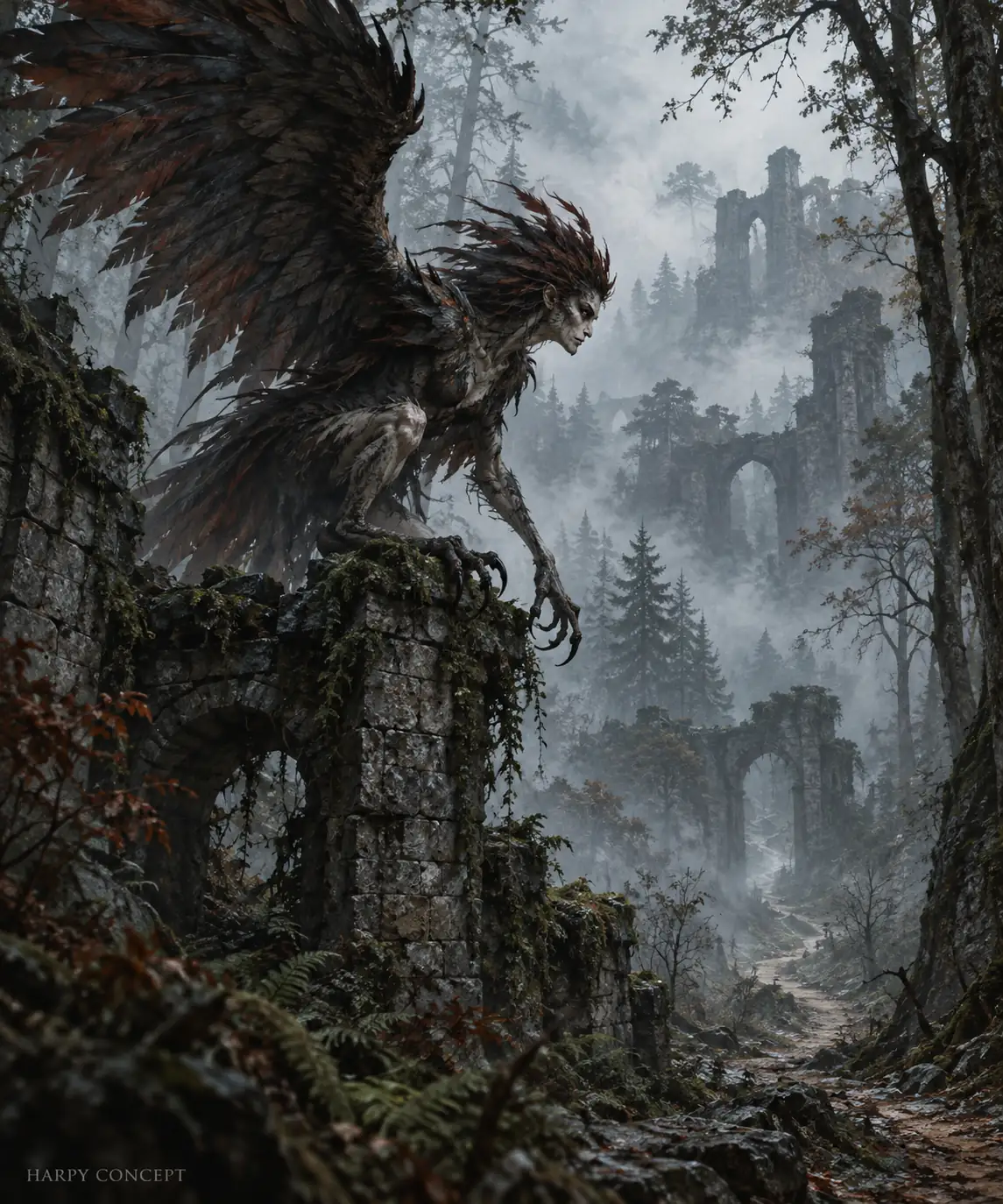 Editorial concept illustration of a winged threat and observation cues, clearly not a Mistfall Hunter screenshot