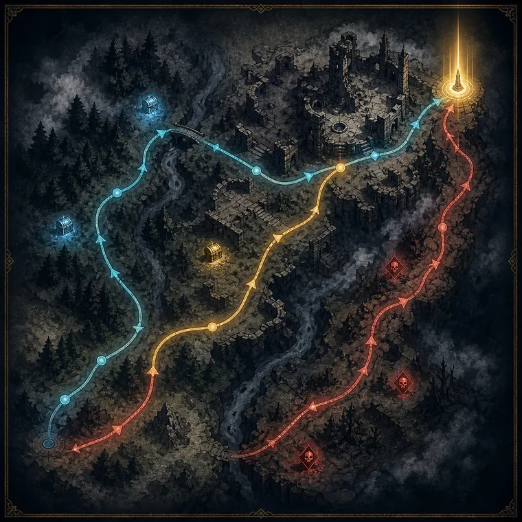 Konzeptionelles Diagramm für sichere, ausgewogene und gefährliche Routen auf einer Mistfall Hunter Karte