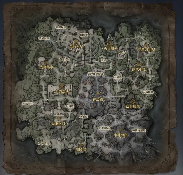 Community-Referenzkarte von Shenwood in Mistfall Hunter mit benannten Orten
