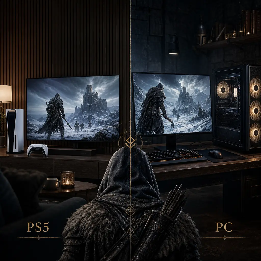 Editorial concept illustration comparing a PS5 setup with a PC setup for Mistfall Hunter