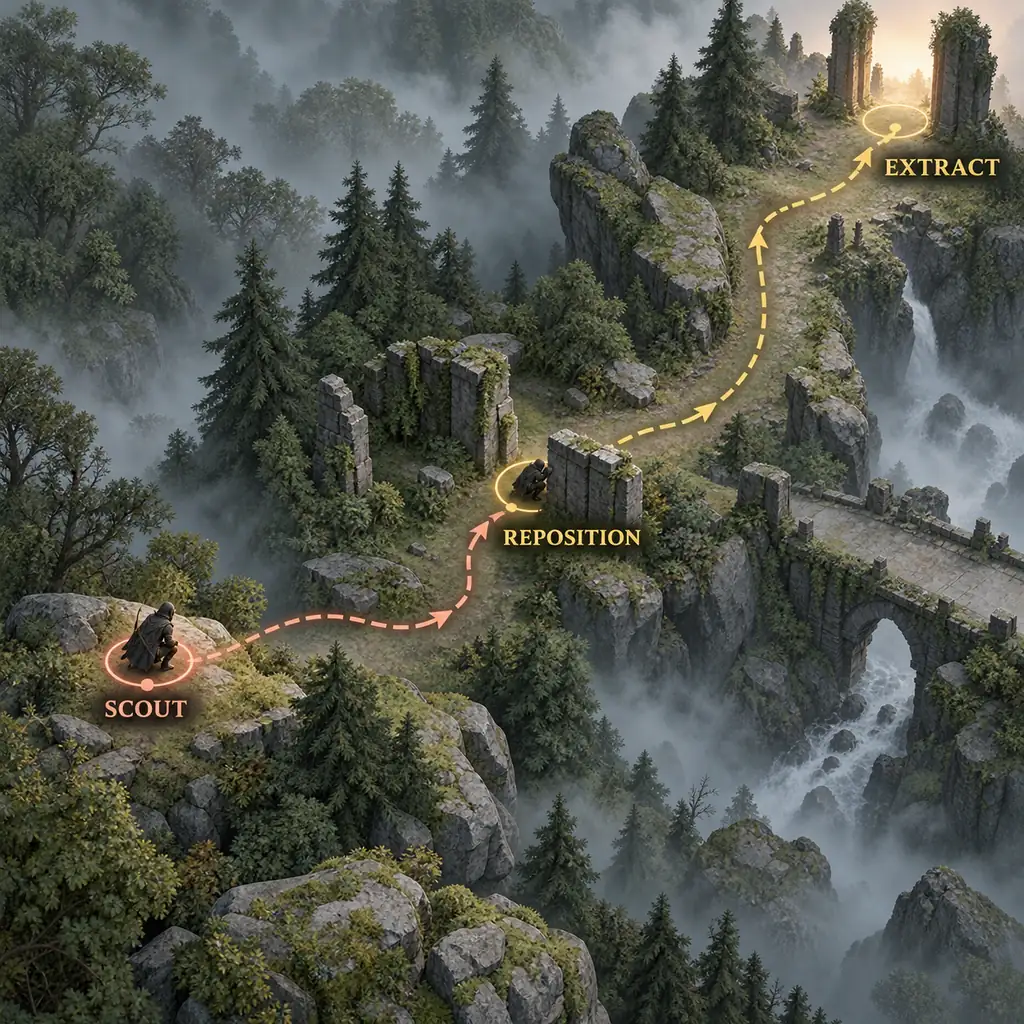 Conceptual Mistfall Hunter PvP decision diagram showing scout, reposition, and extract stages on a fictional map