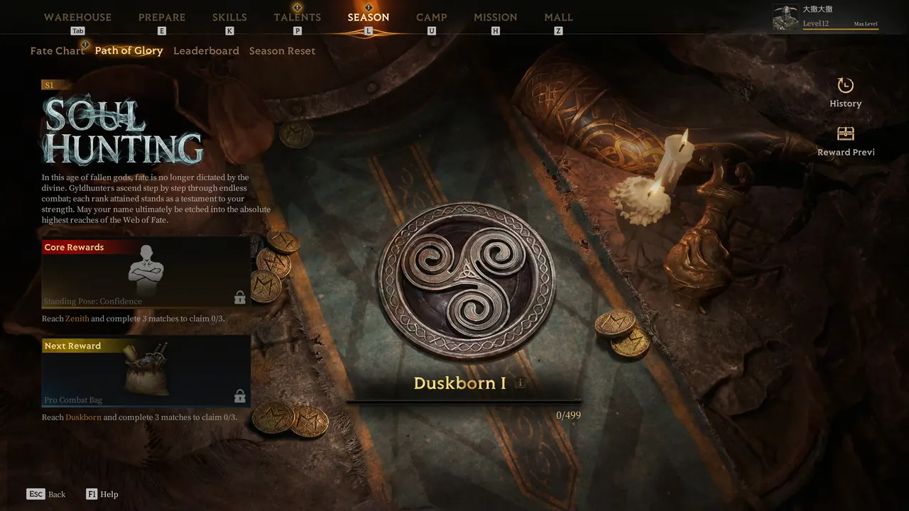 Capture d’écran Steam officielle de Mistfall Hunter montrant l’onglet Saison et l’interface Path of Glory