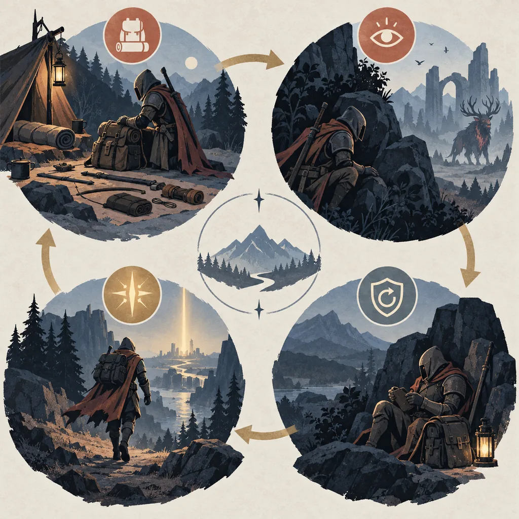 Editorial solo build flow from class choice through engage, reset, and extraction