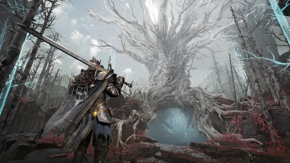 Screenshot ufficiale Steam di Mistfall Hunter con un cacciatore davanti a un albero luminoso
