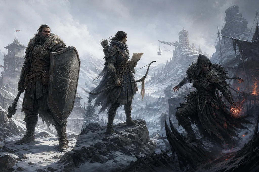 Editorial illustration comparing a shielded frontline hunter, ranged scout, and shadow caster in a snowy Mistfall setting